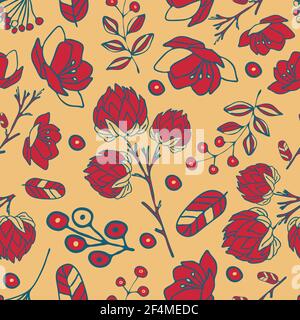 Seamless vector pattern with red flowers and berries on light pink background. Romantic floral vintage wallpaper design. Stock Vector