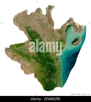 Lankaran, region of Azerbaijan. Sentinel-2 satellite imagery. Shape isolated on white. Description, location of the capital. Contains modified Coperni Stock Photo