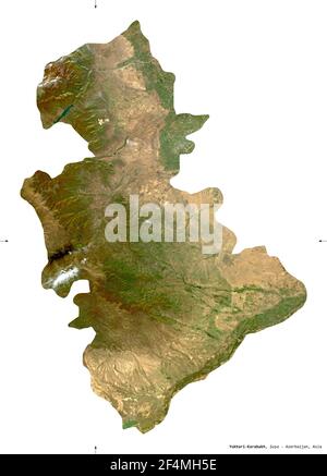Yukhari-Karabakh, region of Azerbaijan. Sentinel-2 satellite imagery. Shape isolated on white. Description, location of the capital. Contains modified Stock Photo