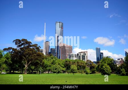 Melbourne, VIC, Australia - November 04, 2017: Skyline with Euraka tower, spire of Arts Center Melbourne and other buildings Stock Photo