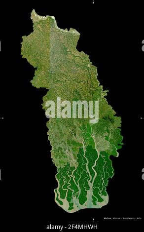 Khulna, division of Bangladesh. Sentinel-2 satellite imagery. Shape isolated on black. Description, location of the capital. Contains modified Coperni Stock Photo