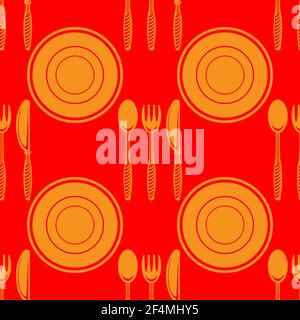 Food Seamless Pattern for Cafe. Fork Spoon Knife Logo Design Isolated on Red Background Stock Vector