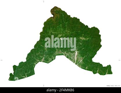 Sarpang, district of Bhutan. Sentinel-2 satellite imagery. Shape isolated on white solid. Description, location of the capital. Contains modified Cope Stock Photo