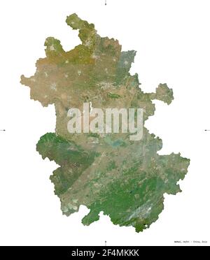 Anhui, province of China. Sentinel-2 satellite imagery. Shape isolated on white solid. Description, location of the capital. Contains modified Coperni Stock Photo