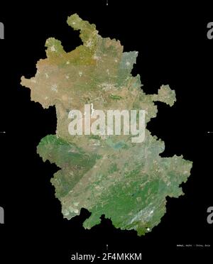 Anhui, province of China. Sentinel-2 satellite imagery. Shape isolated on black. Description, location of the capital. Contains modified Copernicus Se Stock Photo