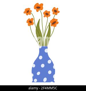 Bouquet of field orange poppies in a blue vase. Beautiful blooming composition with leaves and stem isolated on white. Stock Vector