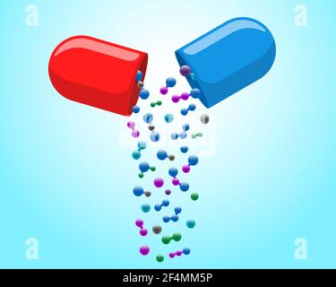 Medical capsule pill open with falling out colorful molecules. Medicine drug vitamin improve health concept. Red and blue pharmaceutical antibiotic halves with particles vector eps illustration Stock Vector