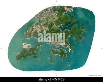 Hong Kong, autonomous region of China. Sentinel-2 satellite imagery. Shape isolated on white solid. Description, location of the capital. Contains mod Stock Photo