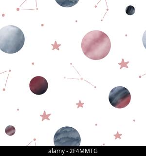 Cute space seamless pattern with planets and stars in watercolor style. Hand drawn Scandinavian style vector illustration. Stock Vector