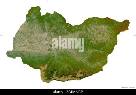 Imereti, region of Georgia. Sentinel-2 satellite imagery. Shape isolated on white. Description, location of the capital. Contains modified Copernicus Stock Photo