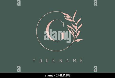 G Letter logo design with black circle and leaves. Initial Letter G Vector Illustration with Botanical elements. Nature vector template design concept Stock Vector
