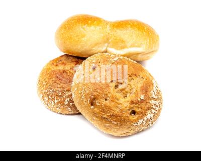 Multigrain rolls with wheat rolls isolated on white background Stock Photo