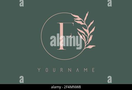 F Letter logo design with black circle and leaves. Initial Letter F Vector Illustration with Botanical elements. Nature vector template design concept Stock Vector
