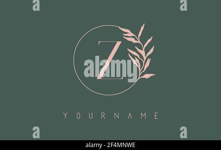 Z Letter logo design with black circle and leaves on a green background. Initial Letter Z Vector Illustration with Botanical elements. Nature vector t Stock Vector