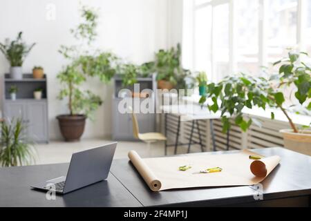 Background image of empty office interior decorated with green plants, florists workplace concept, copy space Stock Photo