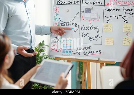 Project manager pointing at whiteboard when speaking to team and talking about project being tested by it department Stock Photo