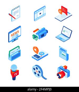 Media and journalism - modern isometric icons set isolated on white background. News and communication. Notes, smartphone, video camera, laptop, voice Stock Vector