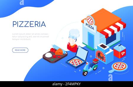Pizzeria and delivery - modern colorful isometric web banner with copy space for text. Online food ordering, Italian cafe idea. Cook, scooter, pizza o Stock Vector