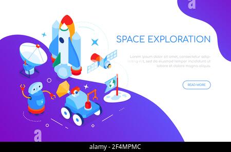 Space exploration - modern colorful isometric web banner with copy space for text. Galaxy, astronomy, cosmic technologies idea. Futuristic illustratio Stock Vector