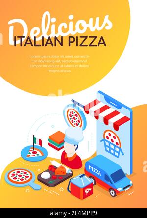 Delicious Italian pizza - modern colorful isometric web banner with copy space for text. Online food ordering, cafe, pizzeria mobile app idea. Cook, d Stock Vector