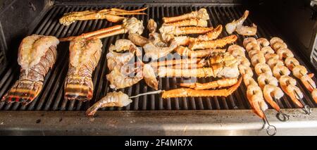 A collection of different kinds of seafood bbq cooking on a grill with lobster tail that is saddleback, tiger shrimp, shrimp on skewers, Alaskan snow Stock Photo