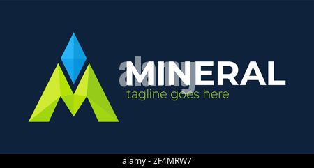 Letter M negative space mineral logo. Line Pin diamond triangle logotype Stock Vector