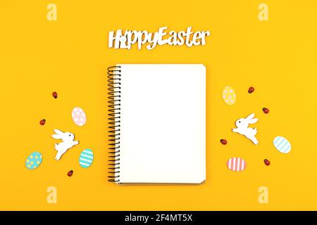 Happy Easter festive mockup with blank paper, greeting card for holiday concept photo Stock Photo