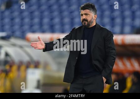 Rome, Italy. 21st Mar, 2021. SSC Napoli trainer Gennaro Gattuso during Italian Serie A soccer match between AS Roma and SSC Napoli at Stadio Olimpico on March 21, 2021, in Rome, Italy. (Photo by Roberto Ramaccia/INA Photo Agency) Credit: Sipa USA/Alamy Live News Stock Photo