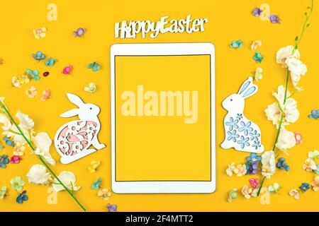 Happy Easter template, mockup on yellow background with modern frame for your text Stock Photo