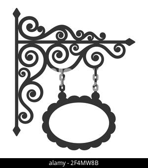 Vintage forged signboard in black isolated on white background. Vector illustration. Stock Vector