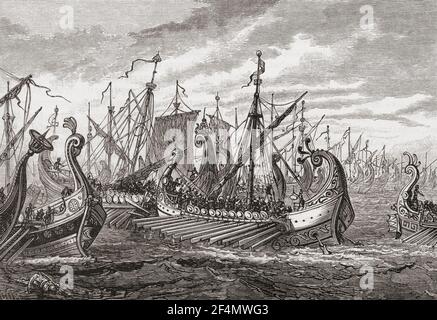 Greek Triremes at the Battle of Salamis, 480 BC.  From Cassell's Universal History, published 1888. Stock Photo