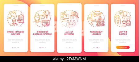 Choosing primary care doctor tips red onboarding mobile app page screen with concepts Stock Vector