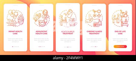 Family doctor support red onboarding mobile app page screen with concepts Stock Vector