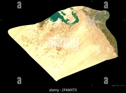 Karbala', province of Iraq. Sentinel-2 satellite imagery. Shape isolated on black. Description, location of the capital. Contains modified Copernicus Stock Photo