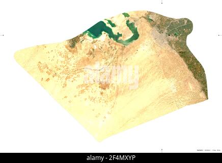 Karbala', province of Iraq. Sentinel-2 satellite imagery. Shape isolated on white solid. Description, location of the capital. Contains modified Coper Stock Photo