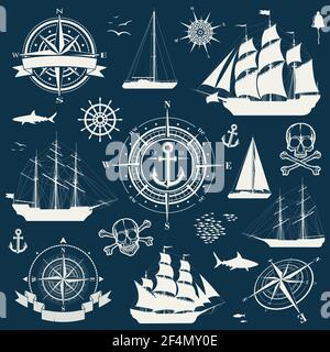 Set of nautical design objects, sailing ships, yachts, compasses Stock Vector