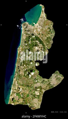 Haifa, district of Israel. Sentinel-2 satellite imagery. Shape isolated on black. Description, location of the capital. Contains modified Copernicus S Stock Photo