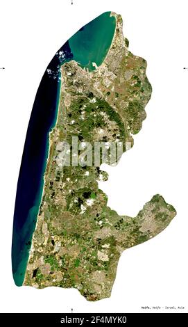 Haifa, district of Israel. Sentinel-2 satellite imagery. Shape isolated on white. Description, location of the capital. Contains modified Copernicus S Stock Photo