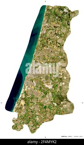 HaMerkaz, district of Israel. Sentinel-2 satellite imagery. Shape isolated on white. Description, location of the capital. Contains modified Copernicu Stock Photo