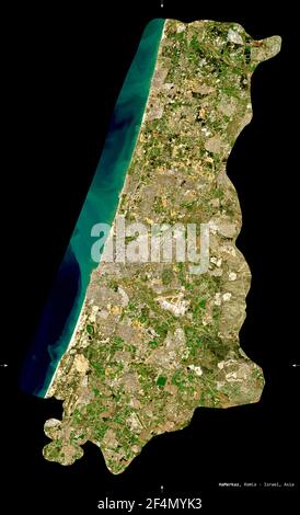 HaMerkaz, district of Israel. Sentinel-2 satellite imagery. Shape isolated on black. Description, location of the capital. Contains modified Copernicu Stock Photo