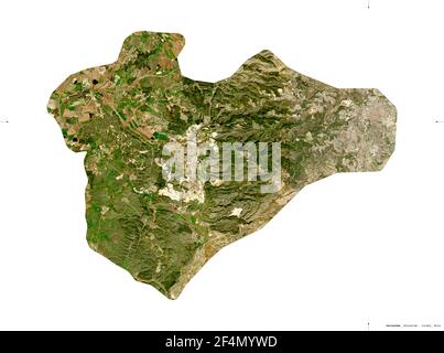 Jerusalem, district of Israel. Sentinel-2 satellite imagery. Shape isolated on white. Description, location of the capital. Contains modified Copernic Stock Photo