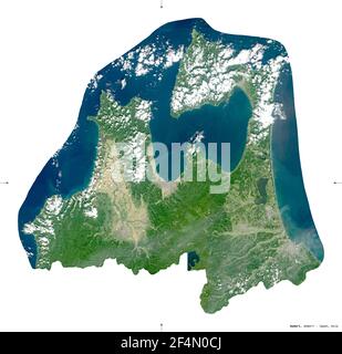 Aomori, prefecture of Japan. Sentinel-2 satellite imagery. Shape isolated on white. Description, location of the capital. Contains modified Copernicus Stock Photo
