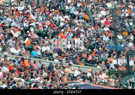 Hundreds of baseball fans in the stands of a Detroit Tigers game at Comerica Park in Detroit, Michigan Stock Photo