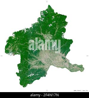 Gunma, prefecture of Japan. Sentinel-2 satellite imagery. Shape isolated on white. Description, location of the capital. Contains modified Copernicus Stock Photo