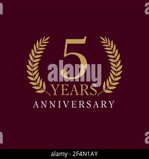 5 years old luxurious logotype. Congratulating 5th numbers gold colored template framed in palms. Isolated greetings celebrates. Celebrating tradition Stock Vector