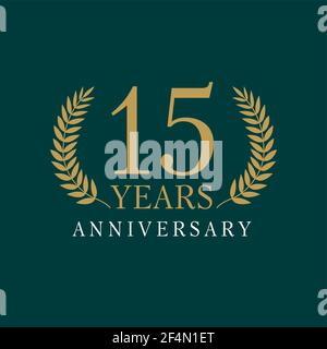 15 years old luxurious logotype. Congratulating 15th numbers gold colored template framed in palms. Isolated greetings celebrates. Celebrating traditi Stock Vector
