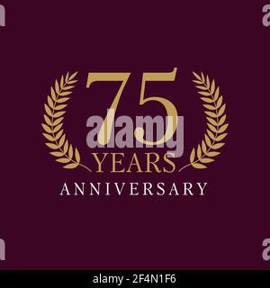 75 years old creative logotype. Congratulating 75th numbers gold colored template framed in palms. Isolated abstract graphic design template. Celebrat Stock Vector