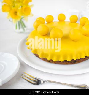Simnel cake - English Easter cake with dried fruits and marzipan. Stock Photo