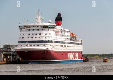 A Viking Line car/passenger ferry, Gabriella moored at the Viking Terminal on the harbour in Helsinki, Finland Stock Photo
