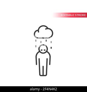 Depression thin line vector icon. Man or Person feeling sad with cloud and rain, editable stroke. Stock Vector